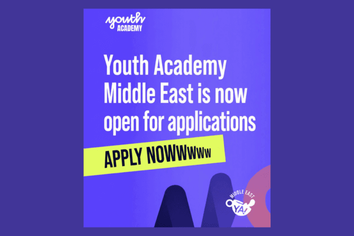 Promotional graphic for Youth Academy Middle East announcing that the application window is officially open with the phrase "Apply now."