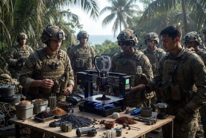 A group of soldiers in full tactical gear in a tropical setting, using a 3D printer to fabricate small items from various materials on a wooden table.