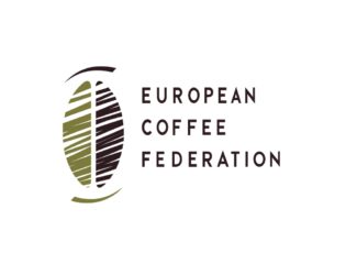 Logo of the European Coffee Federation (ECF), featuring a stylized coffee bean split into green and brown halves, with the organization’s name in bold capital letters on the right.