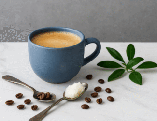 A blue ceramic cup of hot coffee on a marble surface, placed beside two spoons — one with roasted coffee beans and the other with a scoop of coconut oil — with scattered beans and a green leaf branch in the background, symbolizing the trend of adding coconut oil to coffee for health benefits.