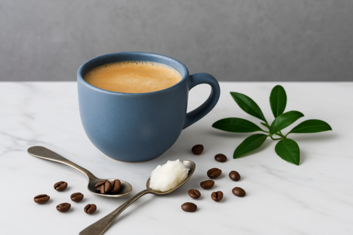 A blue ceramic cup of hot coffee on a marble surface, placed beside two spoons — one with roasted coffee beans and the other with a scoop of coconut oil — with scattered beans and a green leaf branch in the background, symbolizing the trend of adding coconut oil to coffee for health benefits.