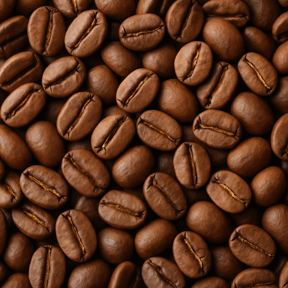 Medium-roasted Arabica coffee beans with rich brown color and light oil sheen, piled closely together with visible textured creases