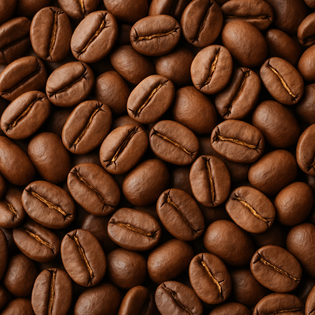 Medium-roasted Arabica coffee beans with rich brown color and light oil sheen, piled closely together with visible textured creases