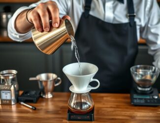A clean, high-resolution photo of a barista carefully pouring water in a slow circular motion during a V60 pour-over. The scene should include visible tools like a refractometer, cupping bowls, and a digital scale in the background, all placed on a clean wooden bar or stainless steel counter. The lighting should be natural, emphasizing precision and professionalism—ideal to represent advanced barista techniques without using any text.