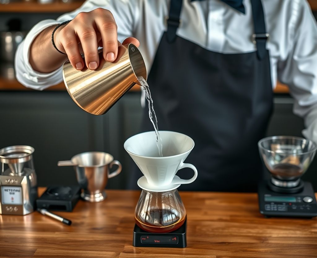 A clean, high-resolution photo of a barista carefully pouring water in a slow circular motion during a V60 pour-over. The scene should include visible tools like a refractometer, cupping bowls, and a digital scale in the background, all placed on a clean wooden bar or stainless steel counter. The lighting should be natural, emphasizing precision and professionalism—ideal to represent advanced barista techniques without using any text.