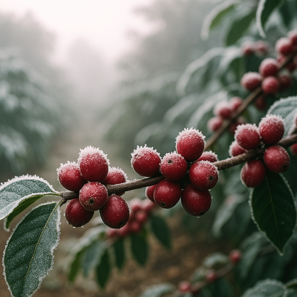 Frost-covered coffee cherries on a branch in Brazil, highlighting the impact of cold weather on coffee crops during the 2025 harvest season