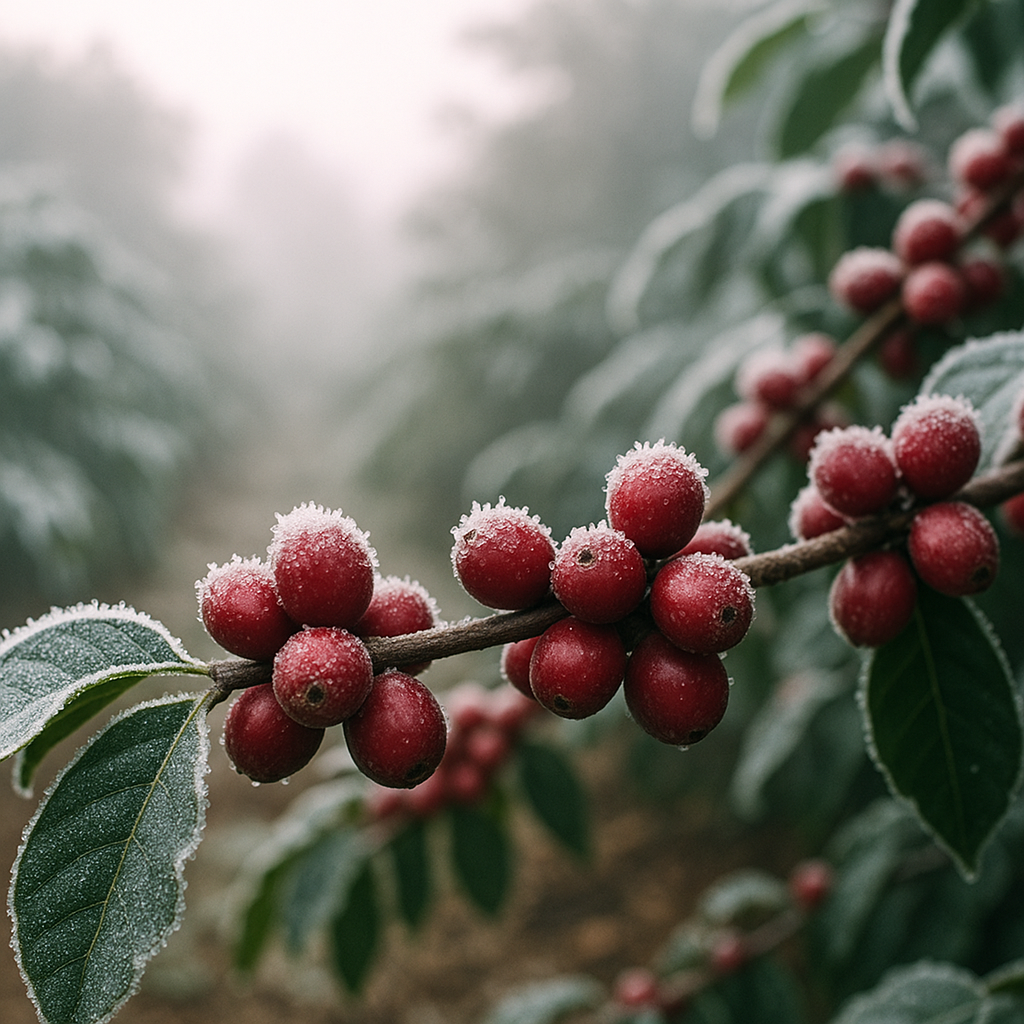 Frost-covered coffee cherries on a branch in Brazil, highlighting the impact of cold weather on coffee crops during the 2025 harvest season