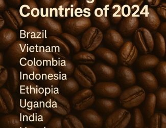 Burlap coffee bags labeled with the top 10 coffee-producing countries in 2024