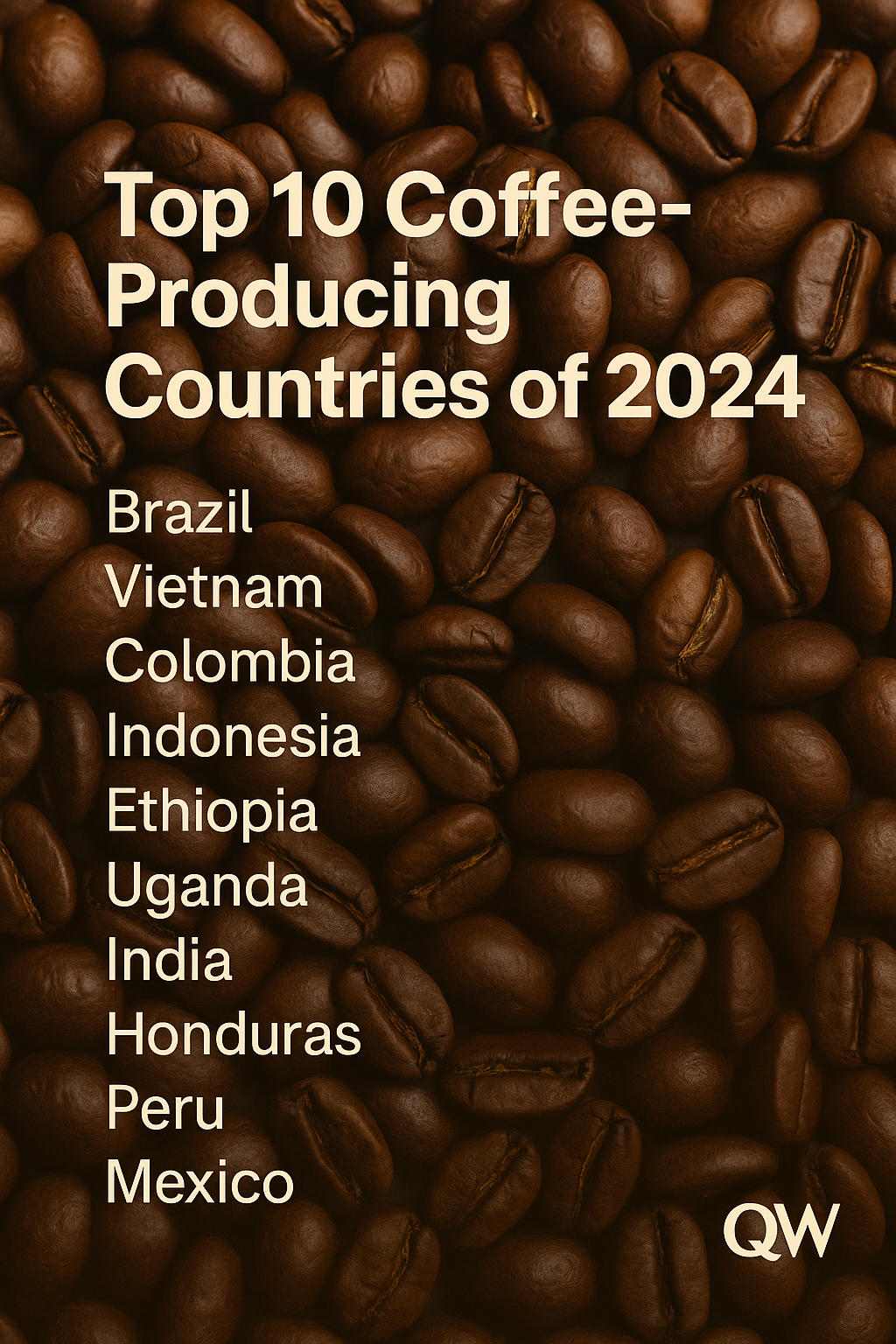 Burlap coffee bags labeled with the top 10 coffee-producing countries in 2024