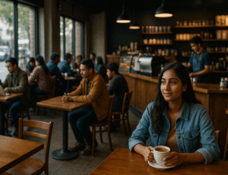 A cozy modern café in Nepal with a South Asian woman enjoying coffee, surrounded by people studying and chatting, reflecting the rise of coffee culture in a traditionally tea-drinking country.