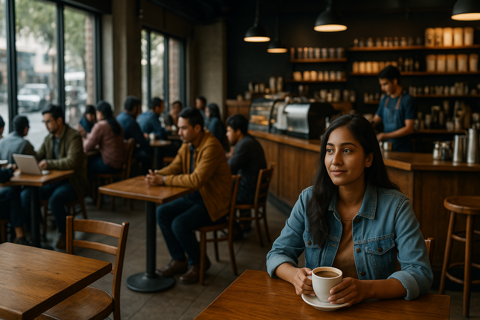 A cozy modern café in Nepal with a South Asian woman enjoying coffee, surrounded by people studying and chatting, reflecting the rise of coffee culture in a traditionally tea-drinking country.