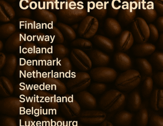 A digital poster showing the top 10 coffee-consuming countries per capita, listed over a background of roasted coffee beans.