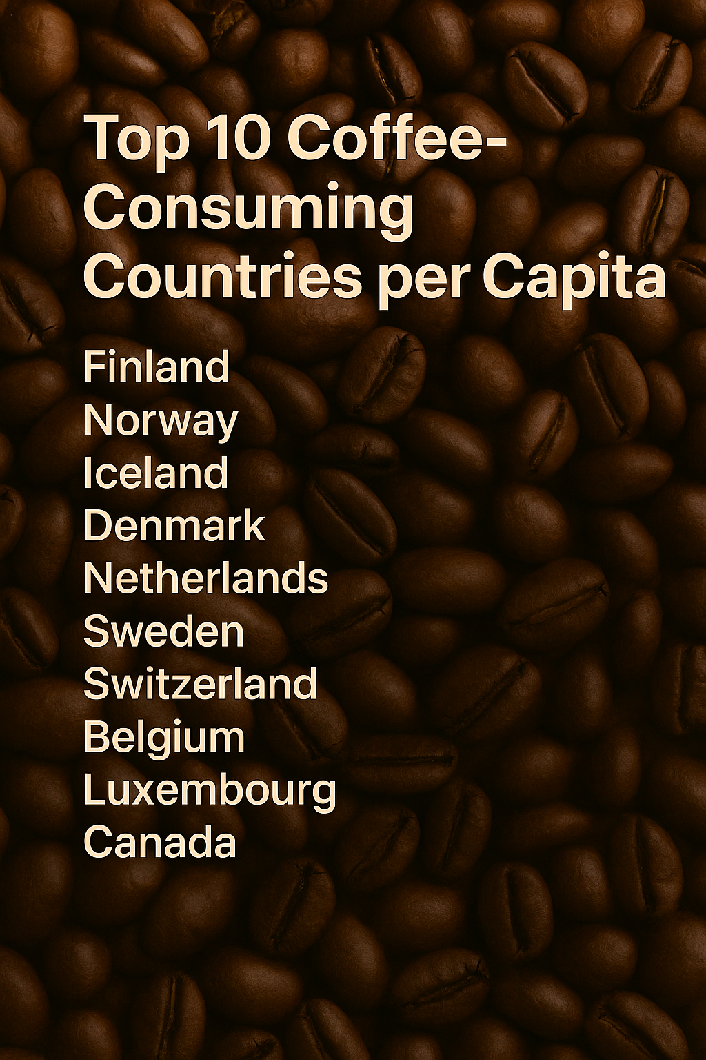 A digital poster showing the top 10 coffee-consuming countries per capita, listed over a background of roasted coffee beans.