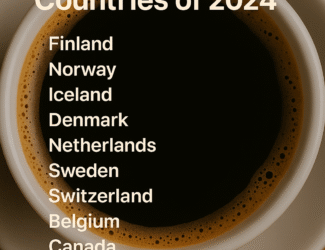 A digital infographic featuring the title "Top 10 Coffee-Consuming Countries of 2024" written over a close-up image of a cup of black coffee in a white mug. Below the title, the list includes Finland, Norway, Iceland, Denmark, Netherlands, Sweden, Switzerland, Belgium, Luxembourg, and Canada. At the bottom, the Qahwa World logo is displayed.