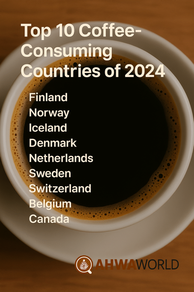 A digital infographic featuring the title "Top 10 Coffee-Consuming Countries of 2024" written over a close-up image of a cup of black coffee in a white mug. Below the title, the list includes Finland, Norway, Iceland, Denmark, Netherlands, Sweden, Switzerland, Belgium, Luxembourg, and Canada. At the bottom, the Qahwa World logo is displayed.