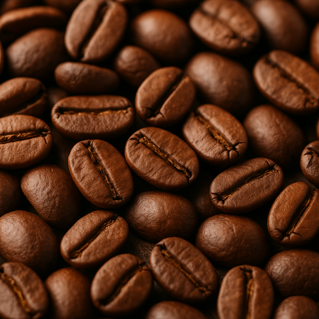 Close-up of medium to dark roasted coffee beans with dry, oil-free surfaces, showing quality texture and freshness
