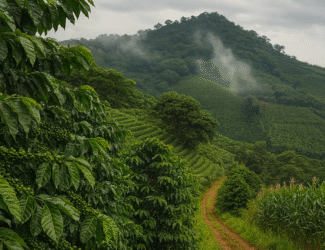 A high-resolution image of a lush coffee plantation on a misty hillside, with rows of green coffee plants lining a dirt path under a cloudy sky.