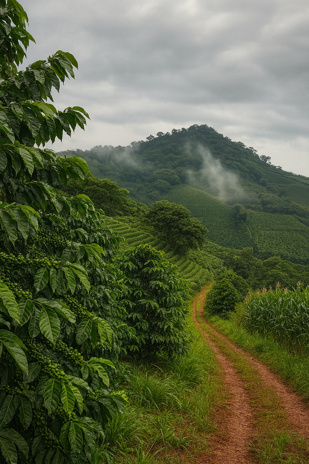 A high-resolution image of a lush coffee plantation on a misty hillside, with rows of green coffee plants lining a dirt path under a cloudy sky.