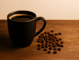 A matte black coffee mug filled with black coffee sits on a wooden surface, surrounded by scattered roasted coffee beans under warm ambient lighting.