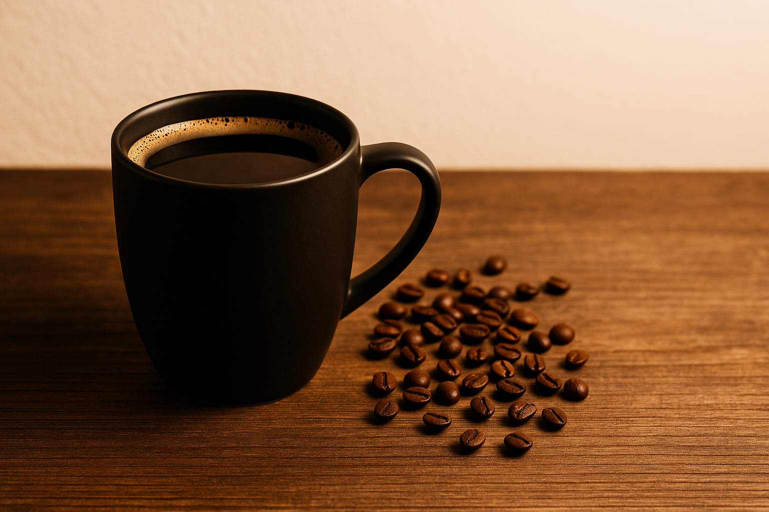 A matte black coffee mug filled with black coffee sits on a wooden surface, surrounded by scattered roasted coffee beans under warm ambient lighting.