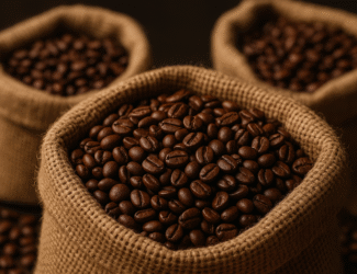 Close-up photo of roasted coffee beans overflowing from a burlap sack, with two more blurred sacks in the background under soft, warm lighting.