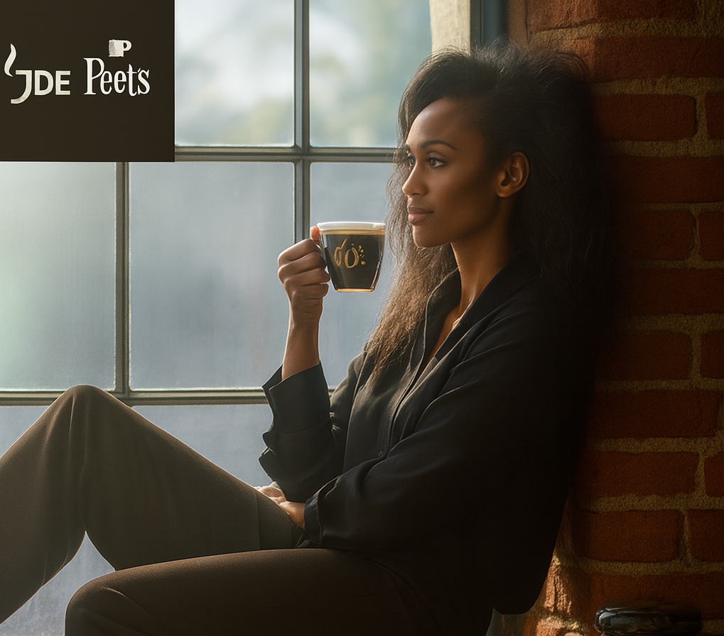 A woman with voluminous curly hair sits on a windowsill in a cozy, brick-walled room, gazing thoughtfully outside while holding a glass cup of coffee. She is dressed in dark, relaxed clothing, and warm natural light filters through the large window. The JDE Peet’s logo appears in the upper left corner, while the beige banner below reads: “Condensed Consolidated Unaudited Interim Financial Statements for the Six-Month Period Ended 30 June 2025,” accompanied by brand logos like Peet’s, Jacobs, and others.