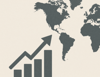 Minimalist world map with rising bar chart and arrow symbolizing global business expansion.