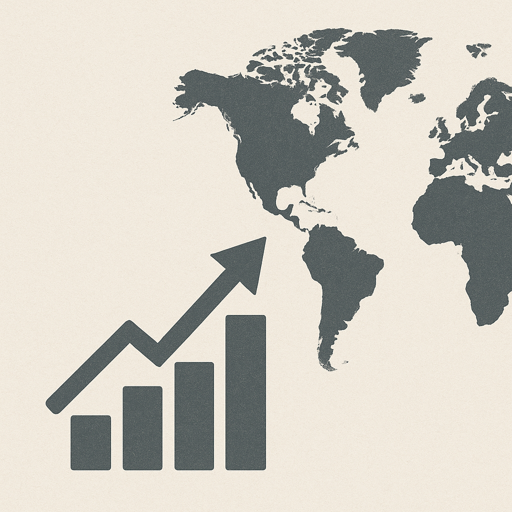 Minimalist world map with rising bar chart and arrow symbolizing global business expansion.
