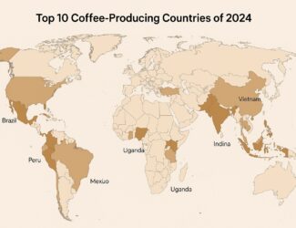 Burlap coffee bags labeled with the top 10 coffee-producing countries in 2024