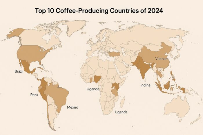 Burlap coffee bags labeled with the top 10 coffee-producing countries in 2024