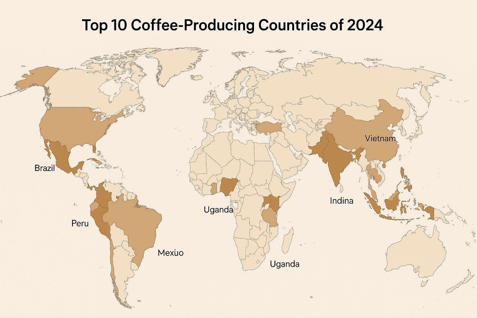 Burlap coffee bags labeled with the top 10 coffee-producing countries in 2024