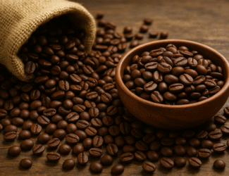 A high-resolution close-up of dark brown roasted coffee beans spilling from a burlap sack onto a wooden surface, with a wooden bowl filled with beans.