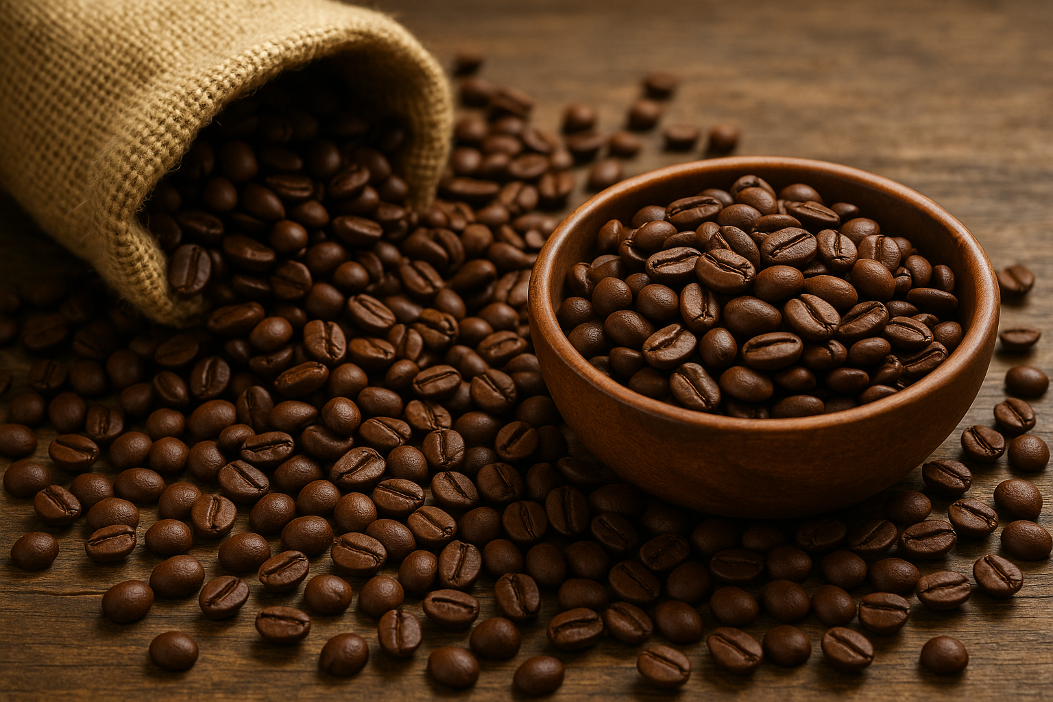 A high-resolution close-up of dark brown roasted coffee beans spilling from a burlap sack onto a wooden surface, with a wooden bowl filled with beans.