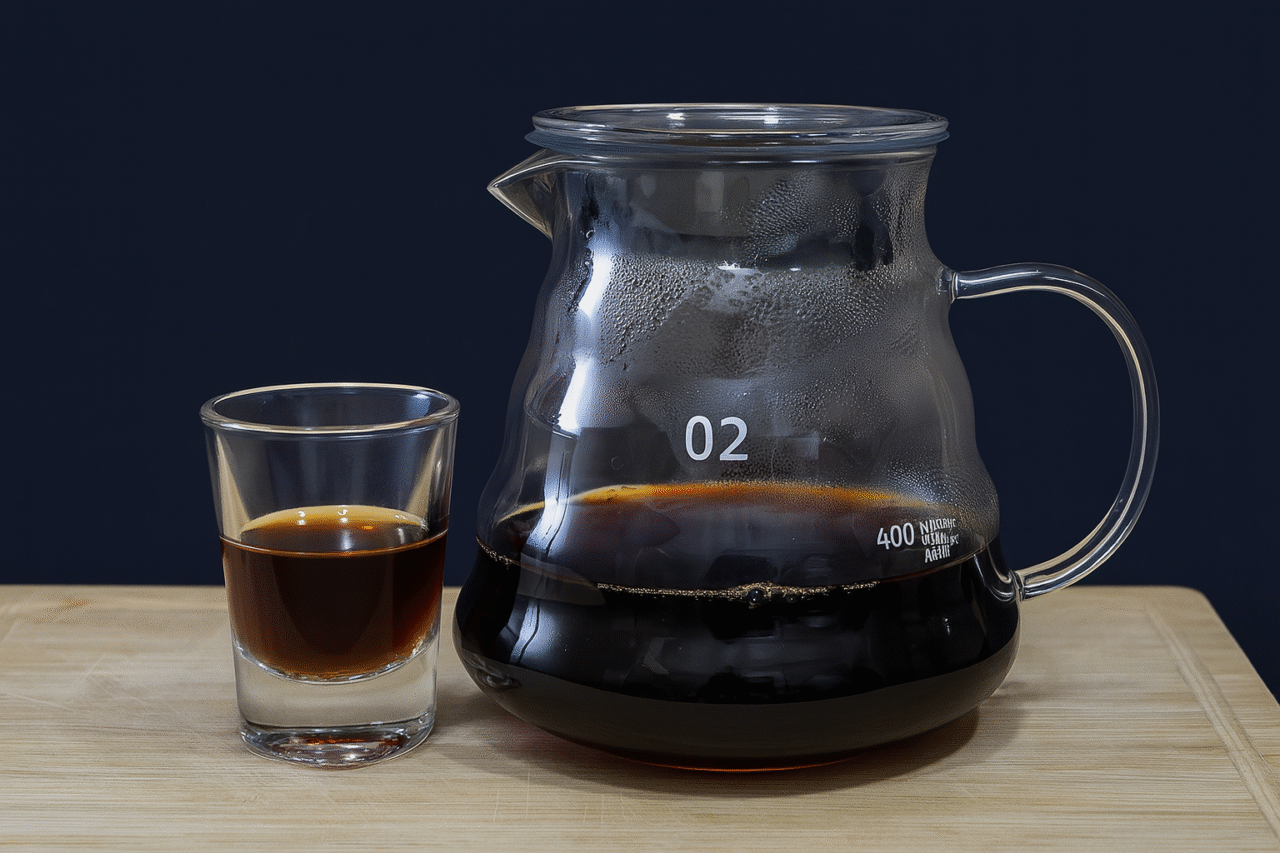 A clear glass carafe and shot glass filled with freshly brewed black coffee on a wooden surface with a clean dark background.