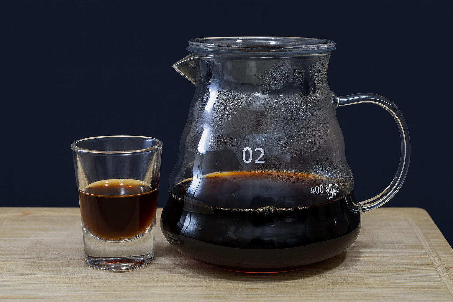 A clear glass carafe and shot glass filled with freshly brewed black coffee on a wooden surface with a clean dark background.
