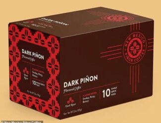 A 10-count box of New Mexico Piñon Coffee Dark Piñon single-serve pods, subject to a voluntary recall over potential food coloring contamination.
