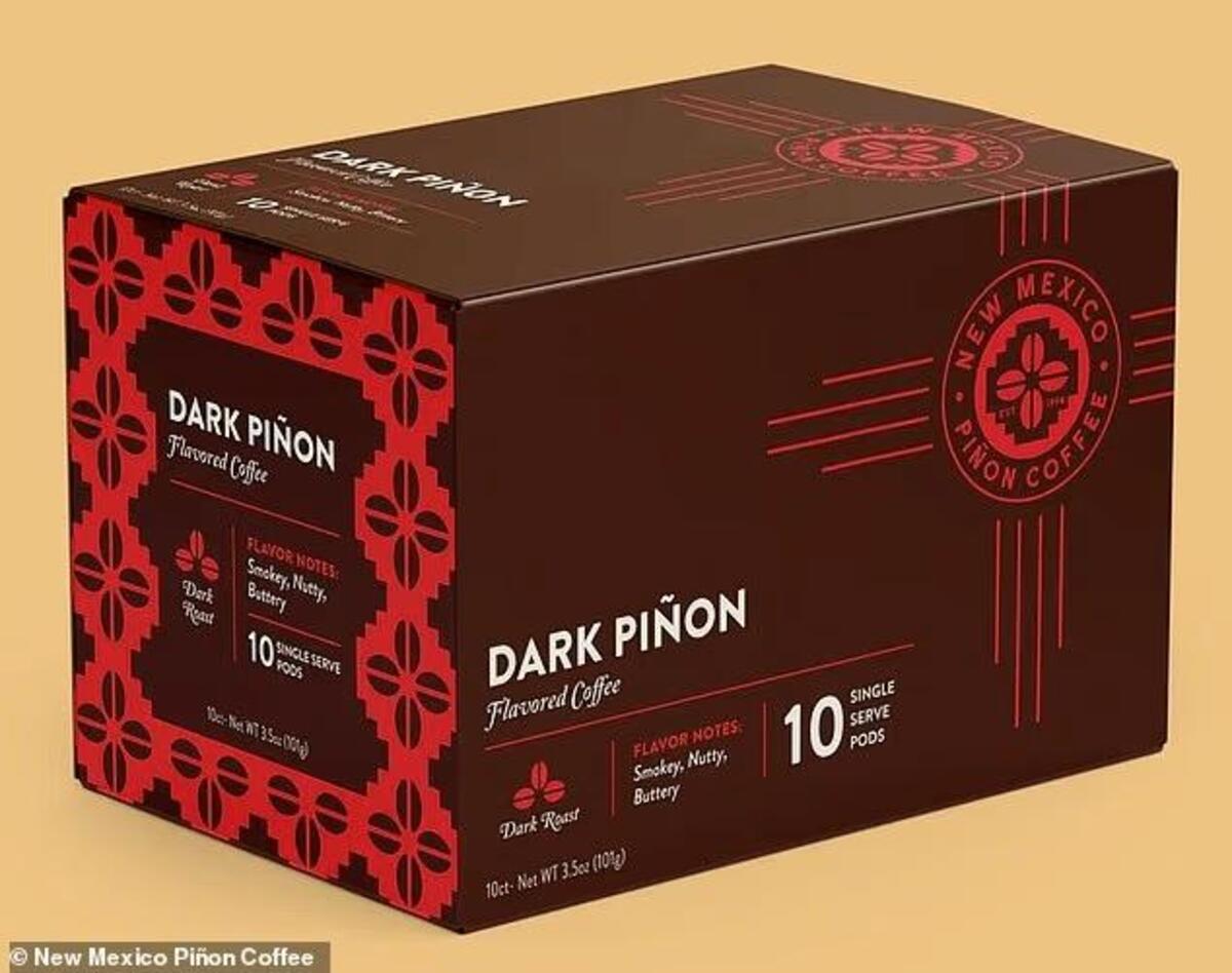 A 10-count box of New Mexico Piñon Coffee Dark Piñon single-serve pods, subject to a voluntary recall over potential food coloring contamination.