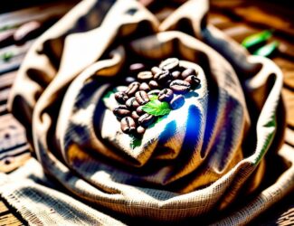 Fresh coffee beans resting on burlap cloth under warm natural light with green coffee leaves nearby.