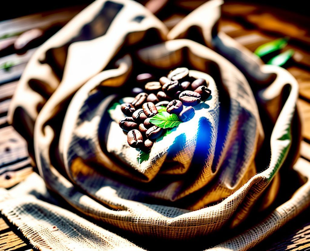 Fresh coffee beans resting on burlap cloth under warm natural light with green coffee leaves nearby.