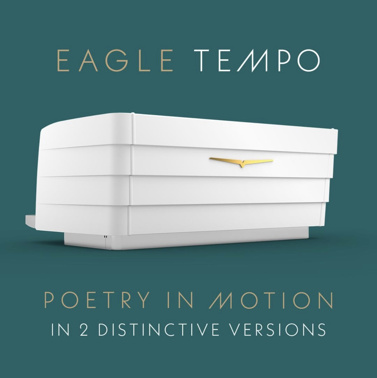 Rear view of the Victoria Arduino Eagle Tempo espresso machine in white, featuring a sleek layered design and gold emblem, displayed against a teal background with the slogan "Poetry in Motion – In 2 Distinctive Versions."