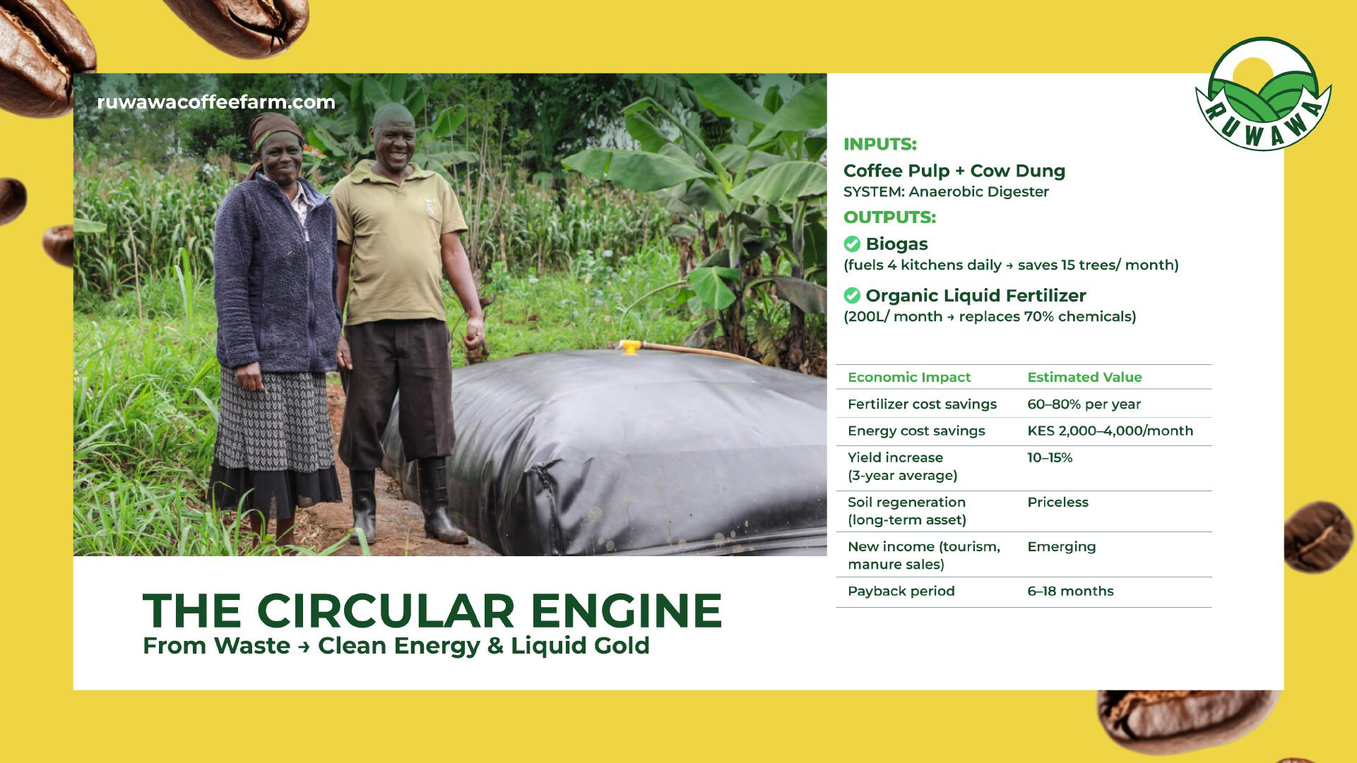 David Waweru and a woman stand smiling beside a black anaerobic digester on Ruwawa Farm in Kenya. Behind them are green banana trees and maize plants. A yellow sidebar explains the circular system they use: inputs include coffee pulp and cow dung; outputs are biogas (which fuels four kitchens and saves 15 trees per month) and 200 liters of organic liquid fertilizer monthly, replacing 70% of chemical use. The chart highlights economic impacts such as 60–80% fertilizer savings, KES 2,000–4,000 monthly energy savings, and 10–15% yield increases.