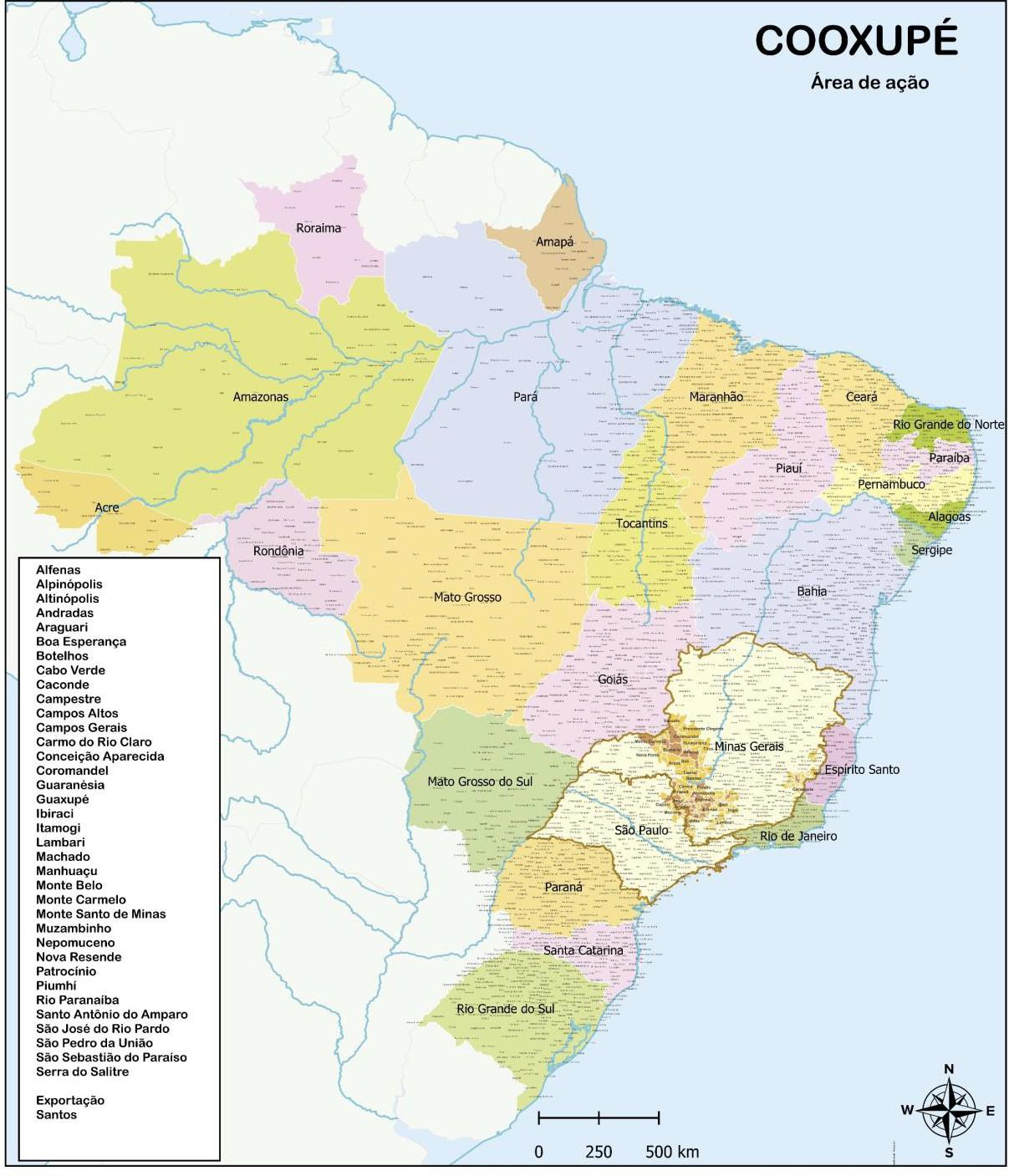 A map of Brazil highlighting the operational areas of the Cooxupé coffee cooperative. The map shows specific municipalities and regions in southeastern Brazil, primarily in the states of Minas Gerais, São Paulo, and Espírito Santo, where Cooxupé is active. The map also lists individual towns affiliated with the cooperative and includes a compass and scale for reference.