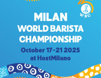 Baristas competing on stage at the World Barista Championship in Milan, celebrating the 25th anniversary of the event.