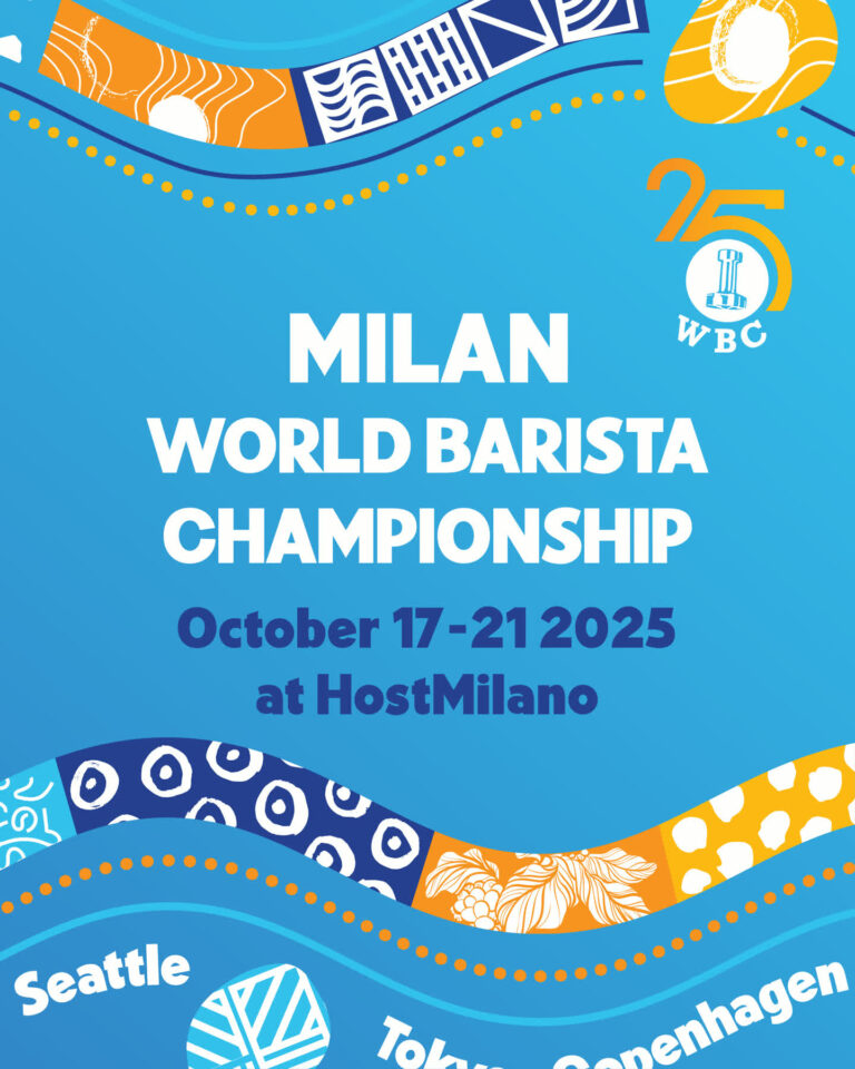 Baristas competing on stage at the World Barista Championship in Milan, celebrating the 25th anniversary of the event.