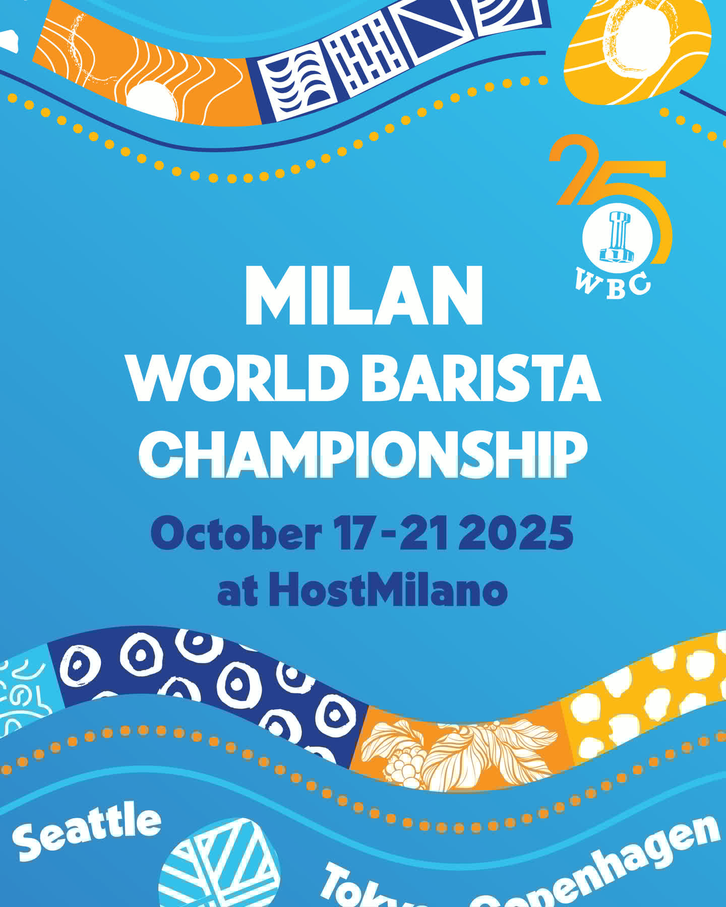 Baristas competing on stage at the World Barista Championship in Milan, celebrating the 25th anniversary of the event.