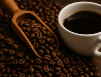A close-up of freshly roasted coffee beans with a wooden scoop resting on them, next to a white ceramic cup filled with black coffee.