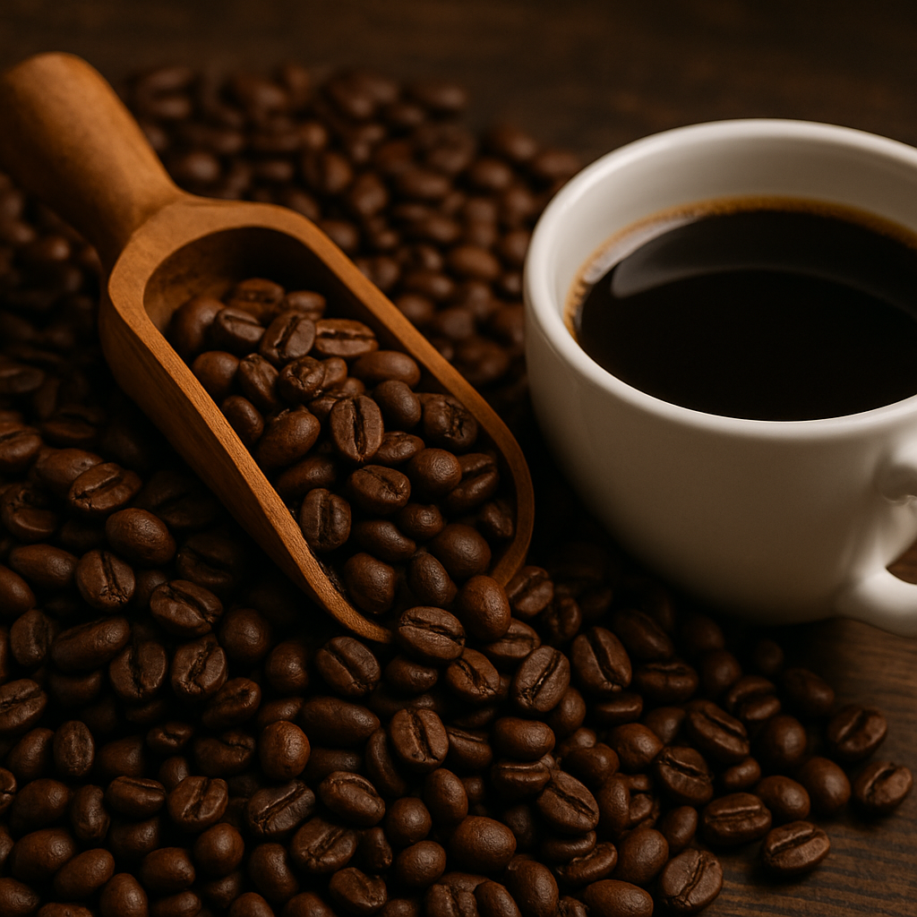 A close-up of freshly roasted coffee beans with a wooden scoop resting on them, next to a white ceramic cup filled with black coffee.