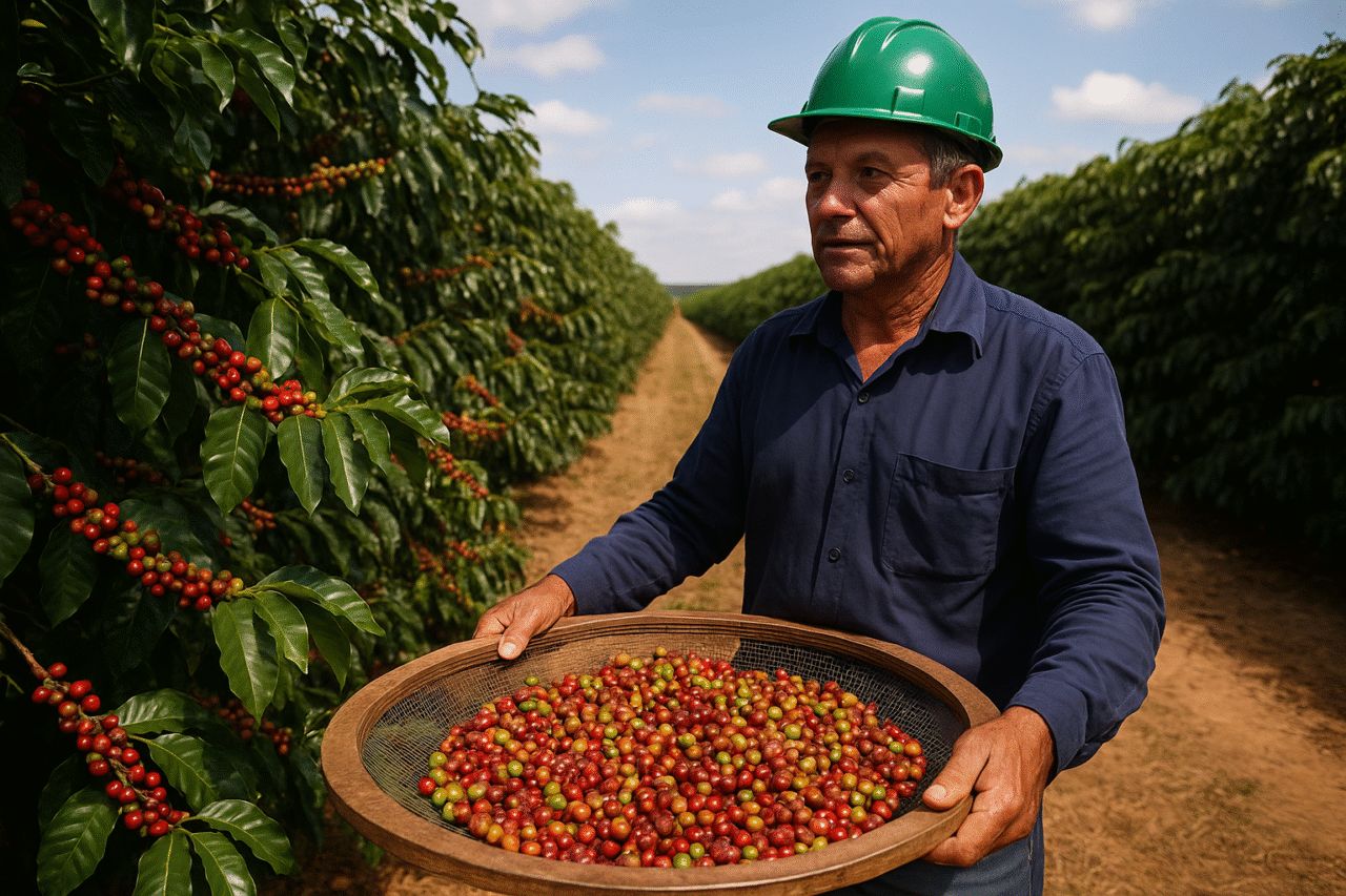 A Brazilian coffee farmer wearing a green helmet stands in a coffee plantation holding a round basket filled with ripe and unripe coffee cherries, with long rows of coffee plants stretching into the distance under a clear sky.