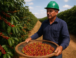A Brazilian coffee farmer wearing a green helmet stands in a coffee plantation holding a round basket filled with ripe and unripe coffee cherries, with long rows of coffee plants stretching into the distance under a clear sky.