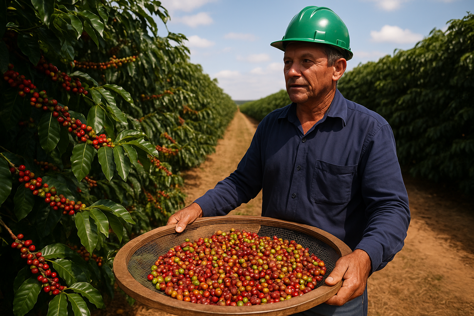 A Brazilian coffee farmer wearing a green helmet stands in a coffee plantation holding a round basket filled with ripe and unripe coffee cherries, with long rows of coffee plants stretching into the distance under a clear sky.